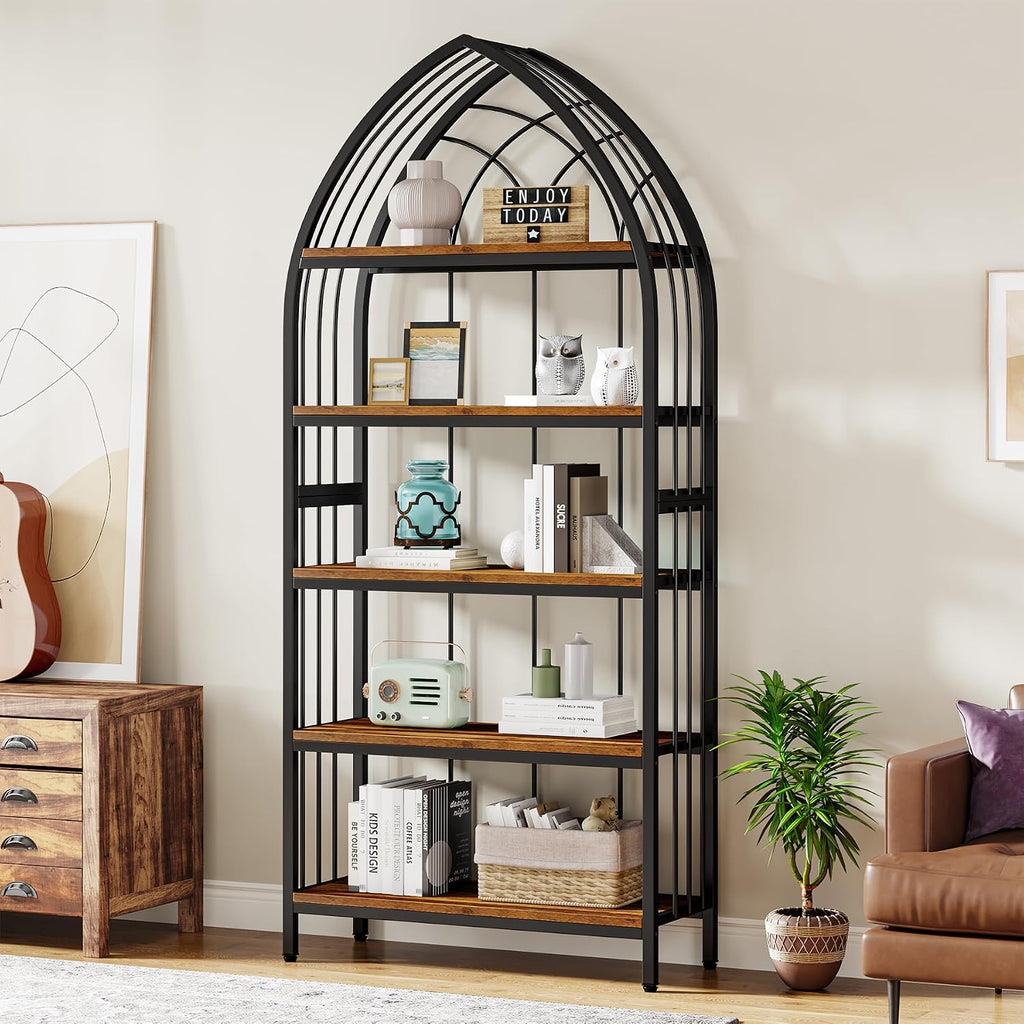 Tribesigns 5-Tier Bookshelf, 74.8-Inch Tall Bookshelf, Industrial Curved Freestanding Display Shelf, Wood Storage Shelves with Metal Frame for Home Office (1, Rustic Brown & Black)