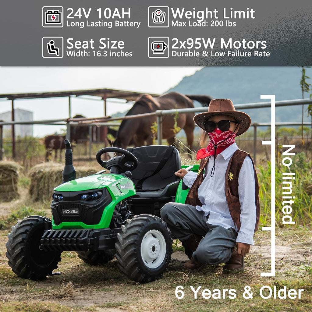 sopbost 24V 10Ah Ride On Toy for Big Kids 6+ 2WD Ride On Tractor with Electric Trailer, Remote Control, Extra Large EVA Wheels, 200 Lbs Load Capacity, Rear Suspension - Green