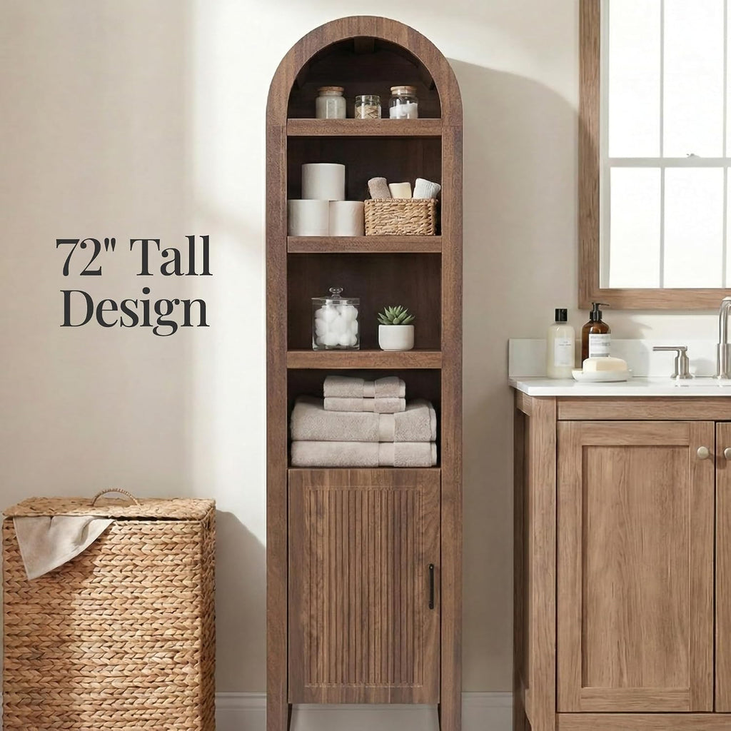 Best Choice Products 72' Tall Narrow Arched Pantry Cabinet w/Reeded Door, 4-Tier Bookshelf, Armoire, Hutch, Bookcase, Storage Cabinet w/Adjustable Shelves, for Dining Room and Livingroom - Walnut