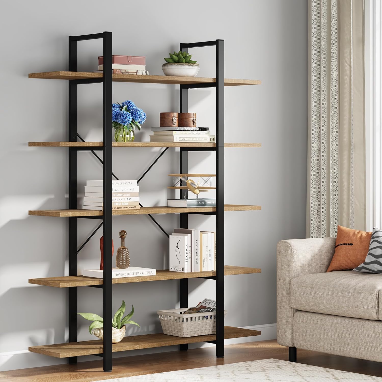 Tribesigns 5-Tier Bookshelf, Vintage Industrial Style Bookcase 72 H x 12 W x 47L Inches (Beige)