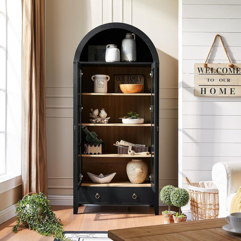 RowyPoey Farmhouse Arched Cabinet with Glass Doors, Wood Display Cabinet with Drawer and Adjustable Shelves, 71' Tall Bookshelf Modern Storage Kitchen Pantry for Living Room,Office (Black)