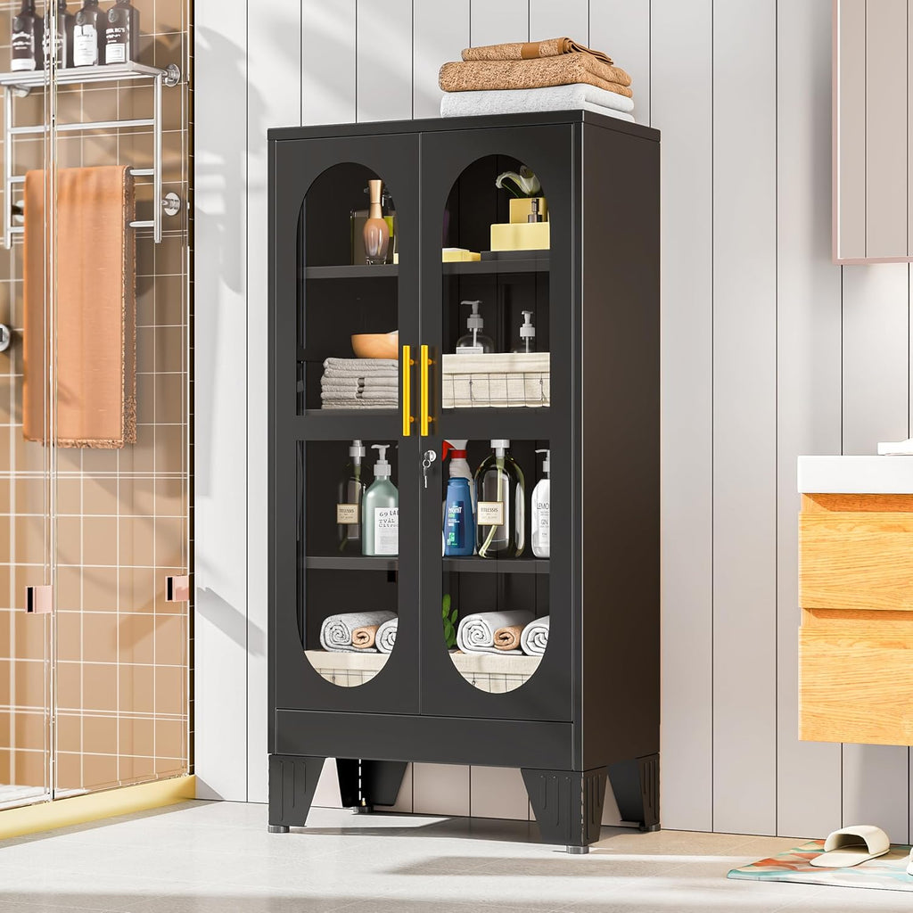 47' H Locking Display Cabinet with Glass Door, Tall black Storage Cabinet with 3 Adjustable Shelves, Metal Curio Cabinet Multi-Purpose Display Case for Collectibles Living Room/Bedroom/Kitchen/Bar
