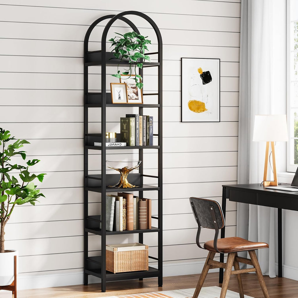 Tribesigns 6-Tier Open Bookshelf, 78.7' Tall Arched Bookcase Narrow Bookshelf with Metal Frame, Freestanding Corner Bookcase Display Shelves for Living Room, Home Office, Black