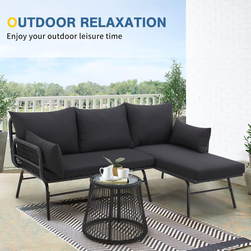 EROMMY 3 Piece Patio Conversation Sets, L-Shaped Sectional Patio Furniture Sofa Set with Thick Cushions and Toughened Glass Coffee Table for Backyard Balcony Garden Porch, Black