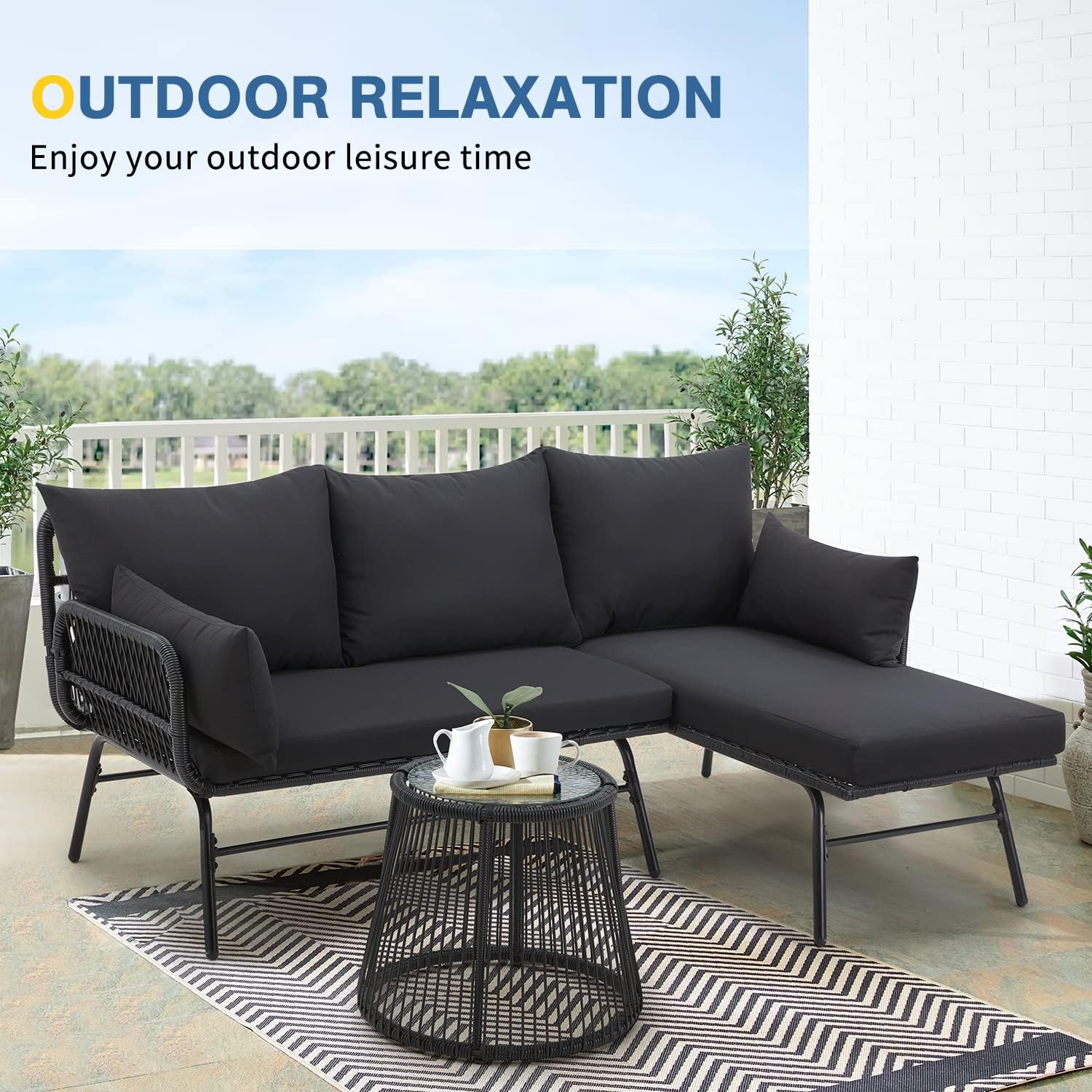 EROMMY 3 Piece Patio Conversation Sets, L-Shaped Sectional Patio Furniture Sofa Set with Thick Cushions and Toughened Glass Coffee Table for Backyard Balcony Garden Porch, Black