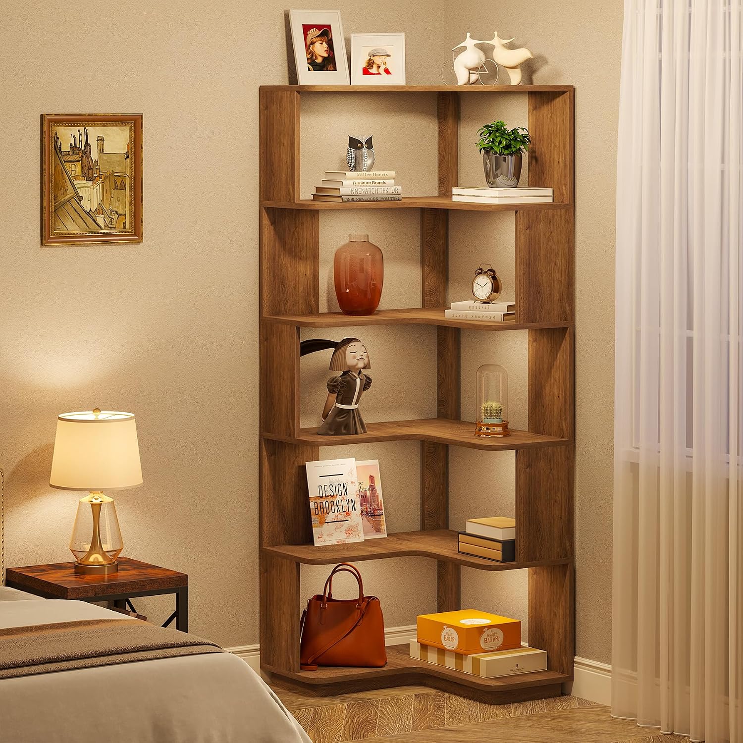 Tribesigns 6 Tier Corner Bookshelf, 64.9 Inches Tall L Shaped Bookcase with Anti-Drop Panel, Freestanding Wood Grain Shelf Display Rack Storage Organizer for Home Office (Light Brown)