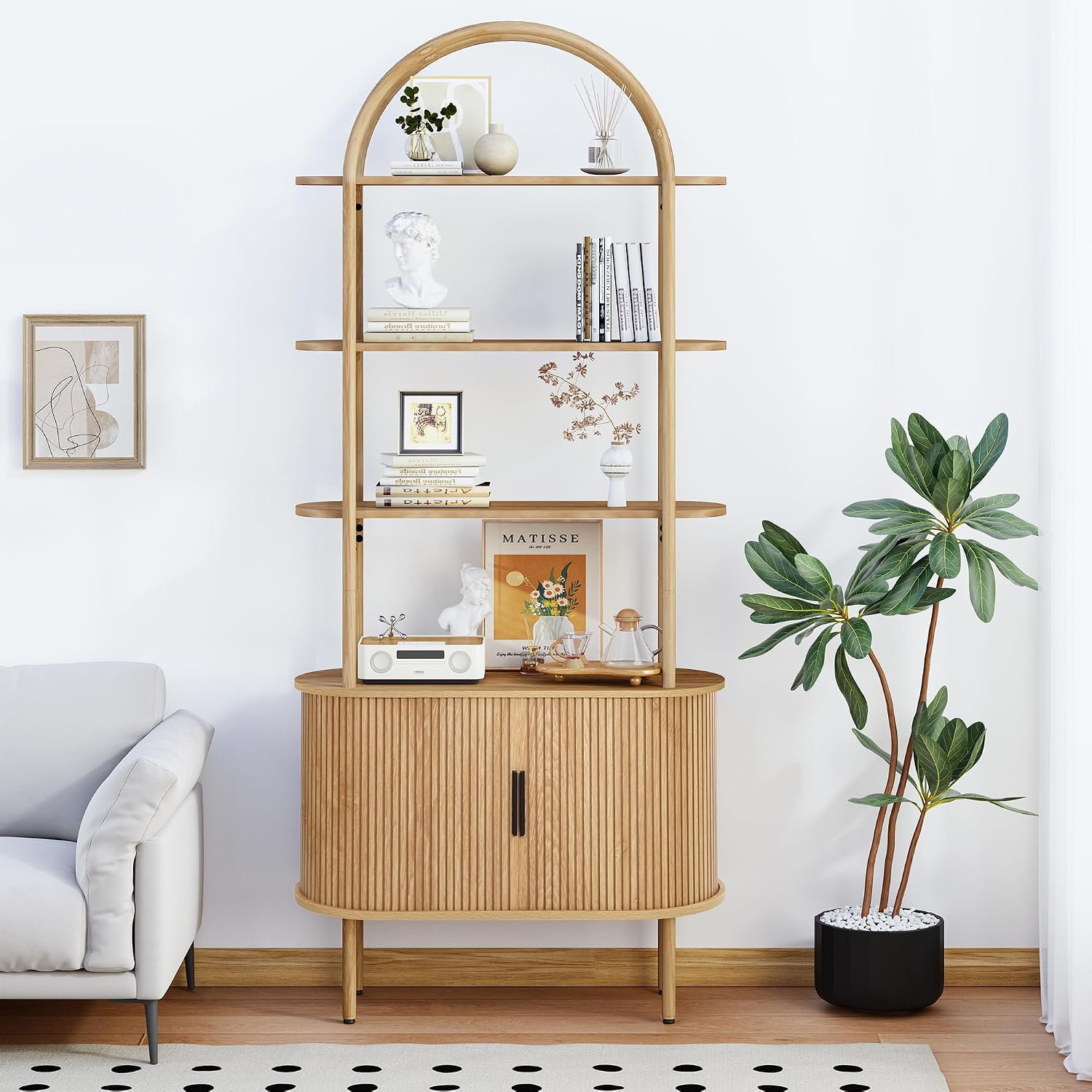 Turtle&Myrtle Tall Arched Bookshelf, Mid Century Modern Fluted Bookcase Cabinet with Sliding Doors, Curved Metal Frame Bookcase, Industrial Storage Display Shelving for Living Room, Bedroom (Natural)