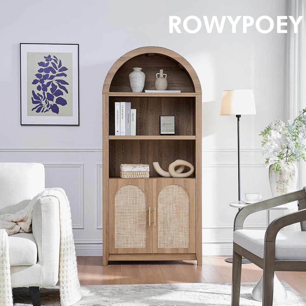 RowyPoey Rattan Arched Cabinet Bookshelf - 69.3' Tall Mid Century Display Cabinet, Rounded Bookcase with Rattan Doors, Open Shelf Storage for Dining Room (Caramel Oak, 1 PC)