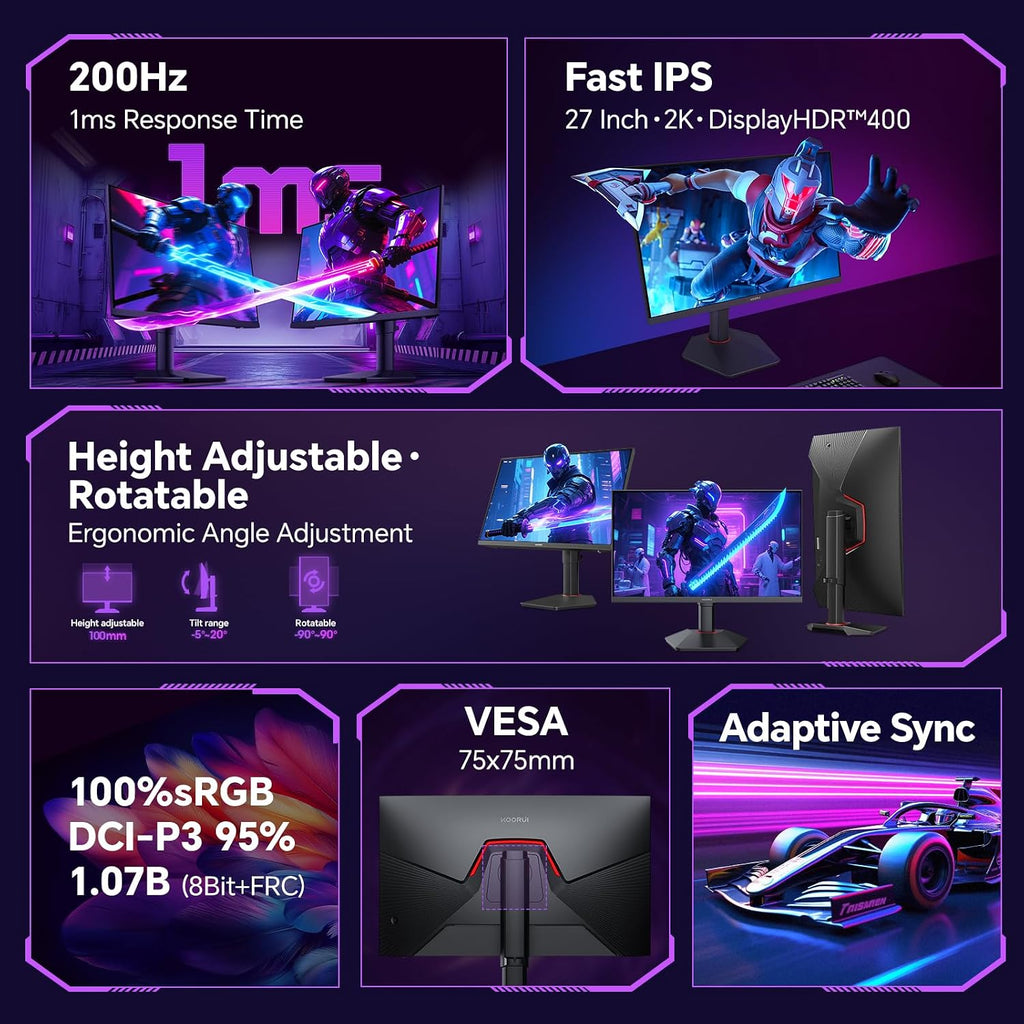 KOORUI 27 Inch 1440p Gaming Monitor 200Hz, 1ms, Fast IPS Screen, HDR400, 95% DCI-P3 Color Gamut, Height/Pivot/Tilt Adjustability, Adaptive Sync Technology, HDMI & DP Ports, 2K Monitor, Black, G2722P