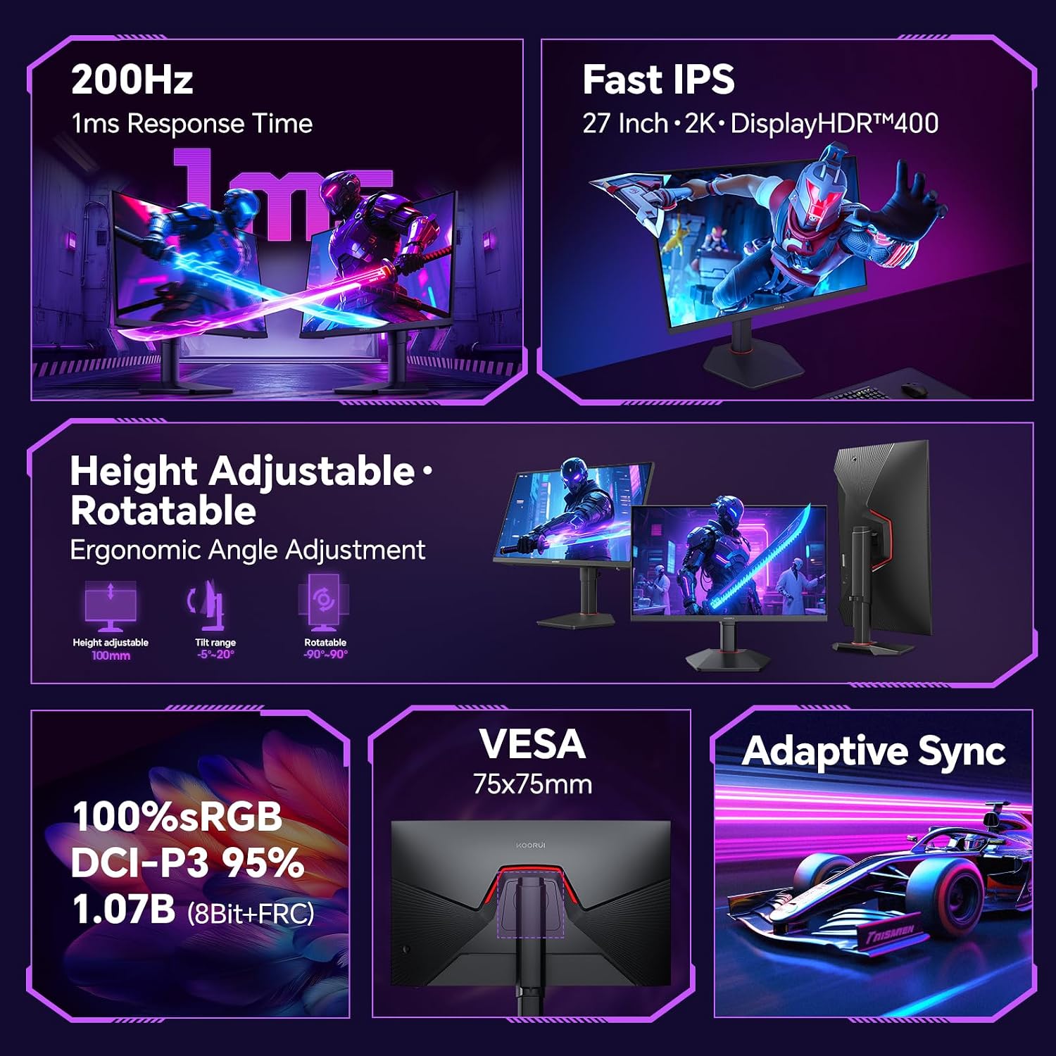 KOORUI 27 Inch 1440p Gaming Monitor 200Hz, 1ms, Fast IPS Screen, HDR400, 95% DCI-P3 Color Gamut, Height/Pivot/Tilt Adjustability, Adaptive Sync Technology, HDMI & DP Ports, 2K Monitor, Black, G2722P