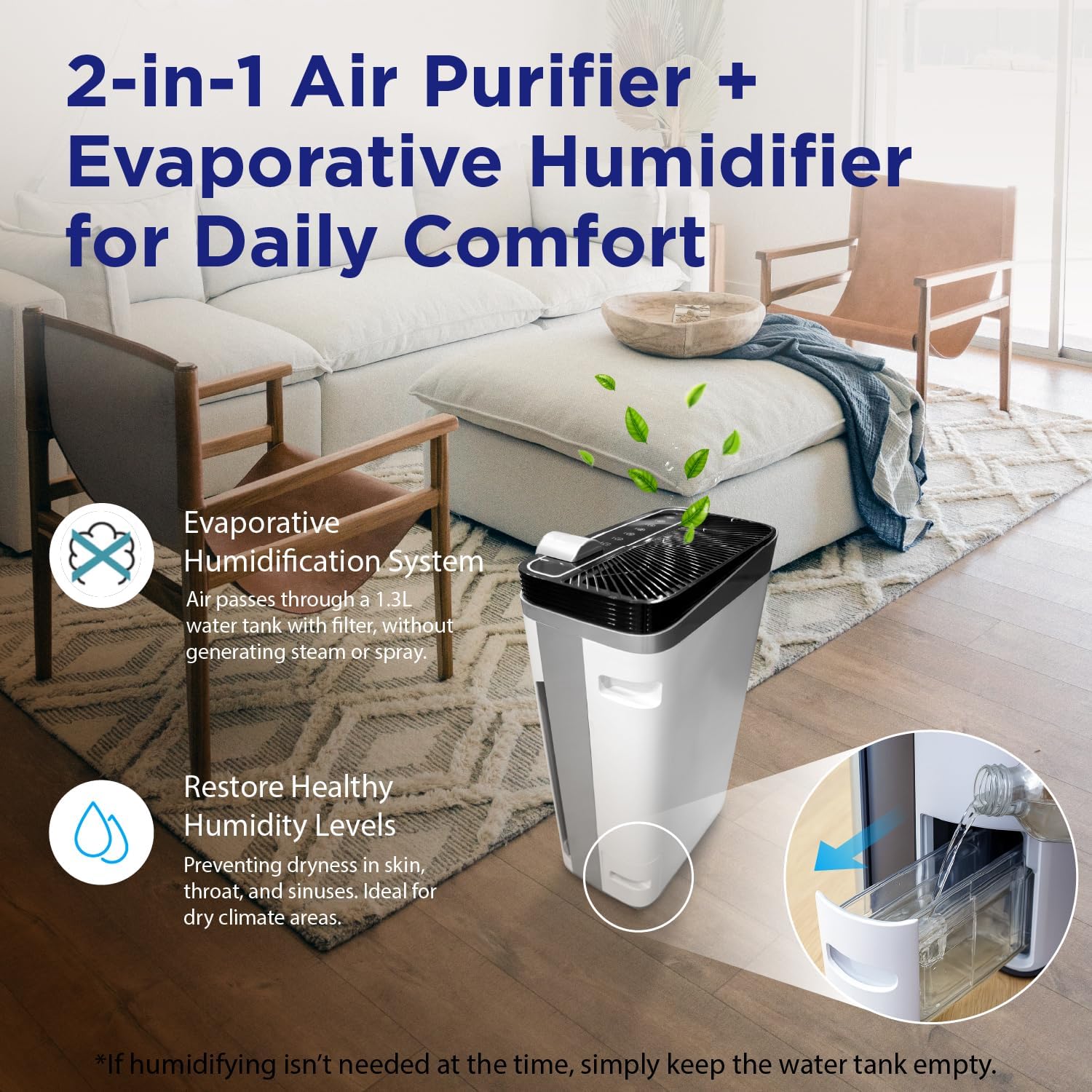 RIA BreezeGuard 2-in-1 Smart HEPA Air Purifier and Humidifier Combo for Large Rooms up to 2500 Sq Ft – App Control, Evaporative Humidifier, PM2.5 Sensor, for Home, Bedroom, Pet, Allergies, Smoke, Dust