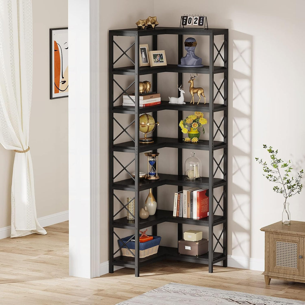 LITTLE TREE 79 inches Tall Bookshelf Bookcase, 7-Tier Corner Book Shelf, Modern Freestanding Open Book Shelves, Black Shelving Unit Display Shelf for Living Room