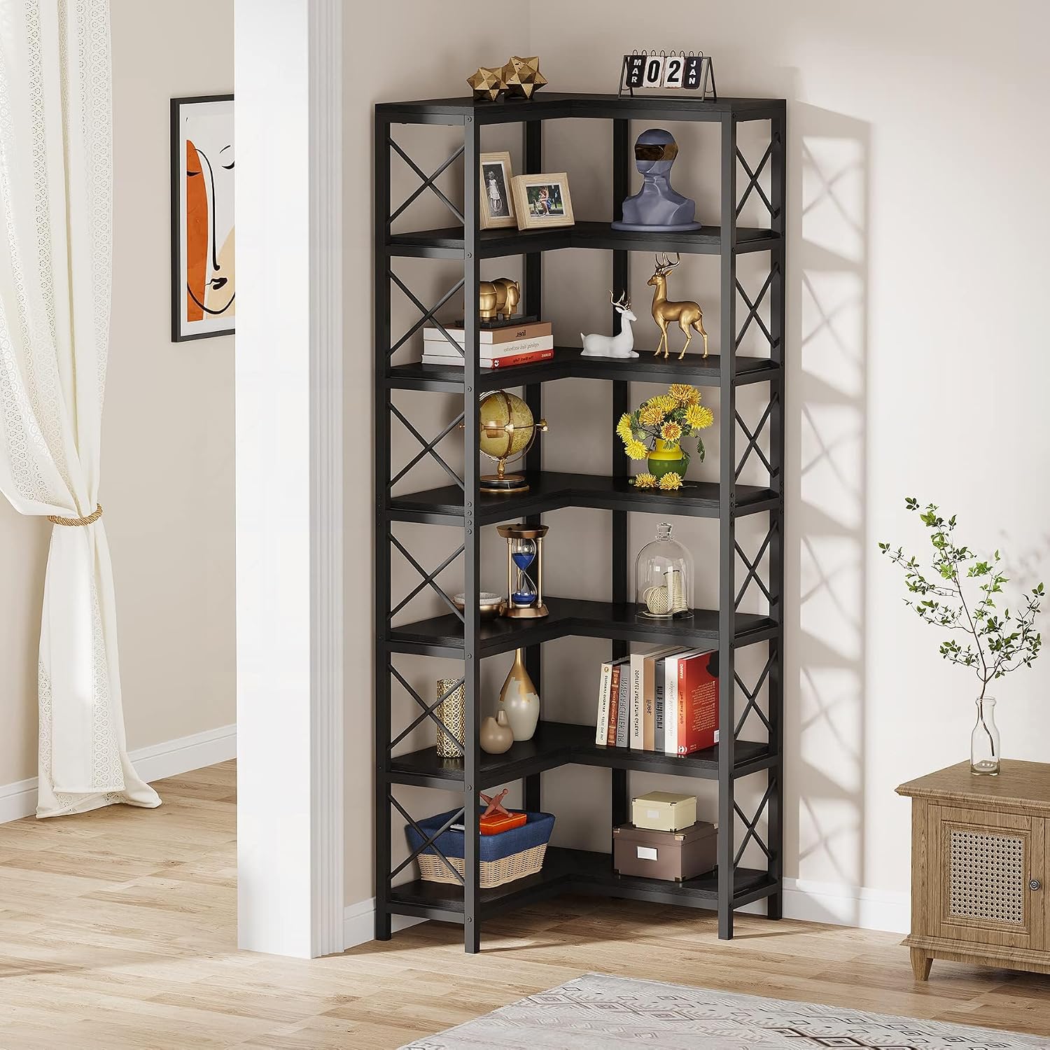 LITTLE TREE 79 inches Tall Bookshelf Bookcase, 7-Tier Corner Book Shelf, Modern Freestanding Open Book Shelves, Black Shelving Unit Display Shelf for Living Room