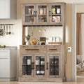 DWVO 71'' Tall Kitchen Pantry Storage Cabinet with Charge Station, Farmhouse Glass Display Food Pantry Hutch with Microwave Stand & Hooks & Drawers & Shelves for Home Living Dining Room, Lvory Grey