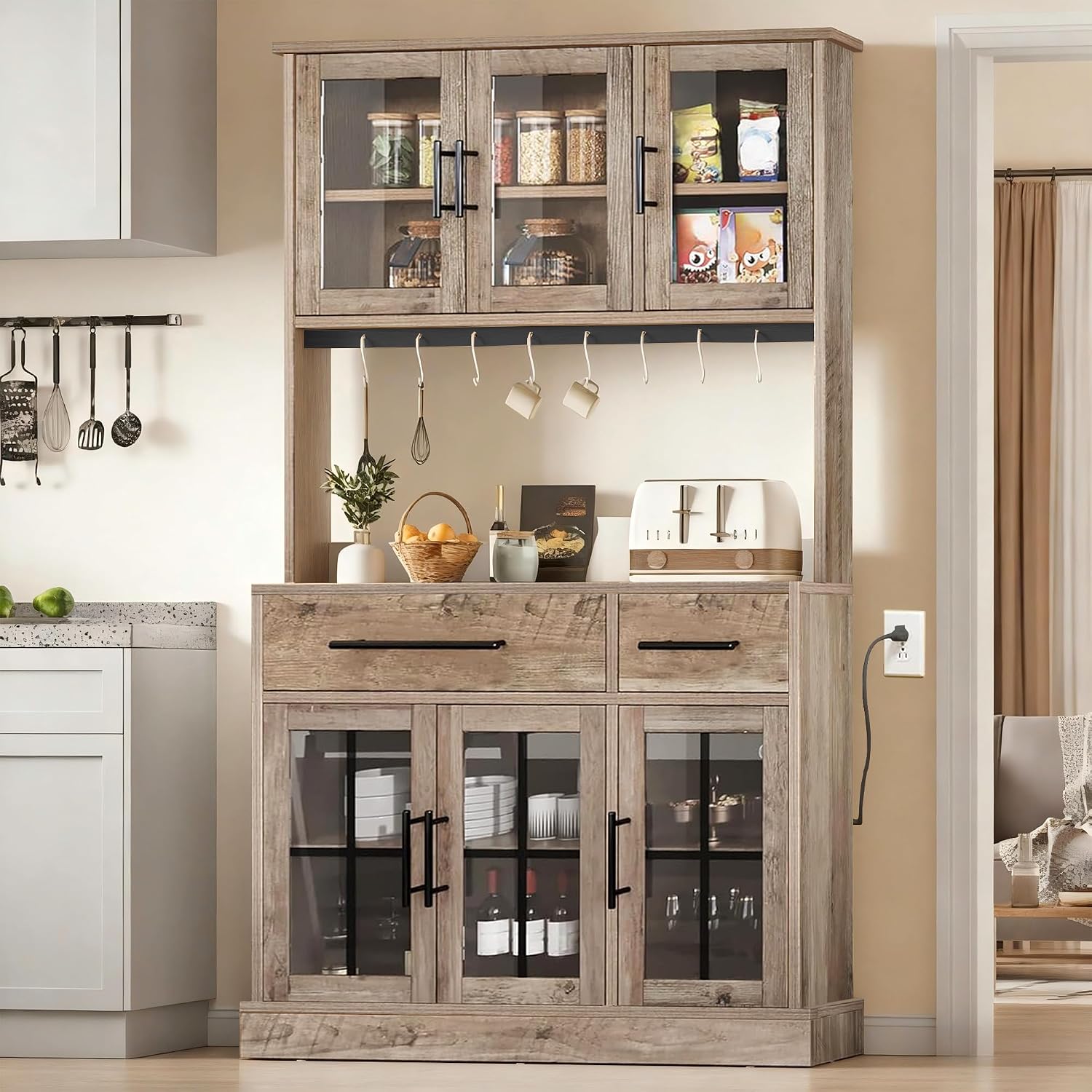 DWVO 71'' Tall Kitchen Pantry Storage Cabinet with Charge Station, Farmhouse Glass Display Food Pantry Hutch with Microwave Stand & Hooks & Drawers & Shelves for Home Living Dining Room, Lvory Grey
