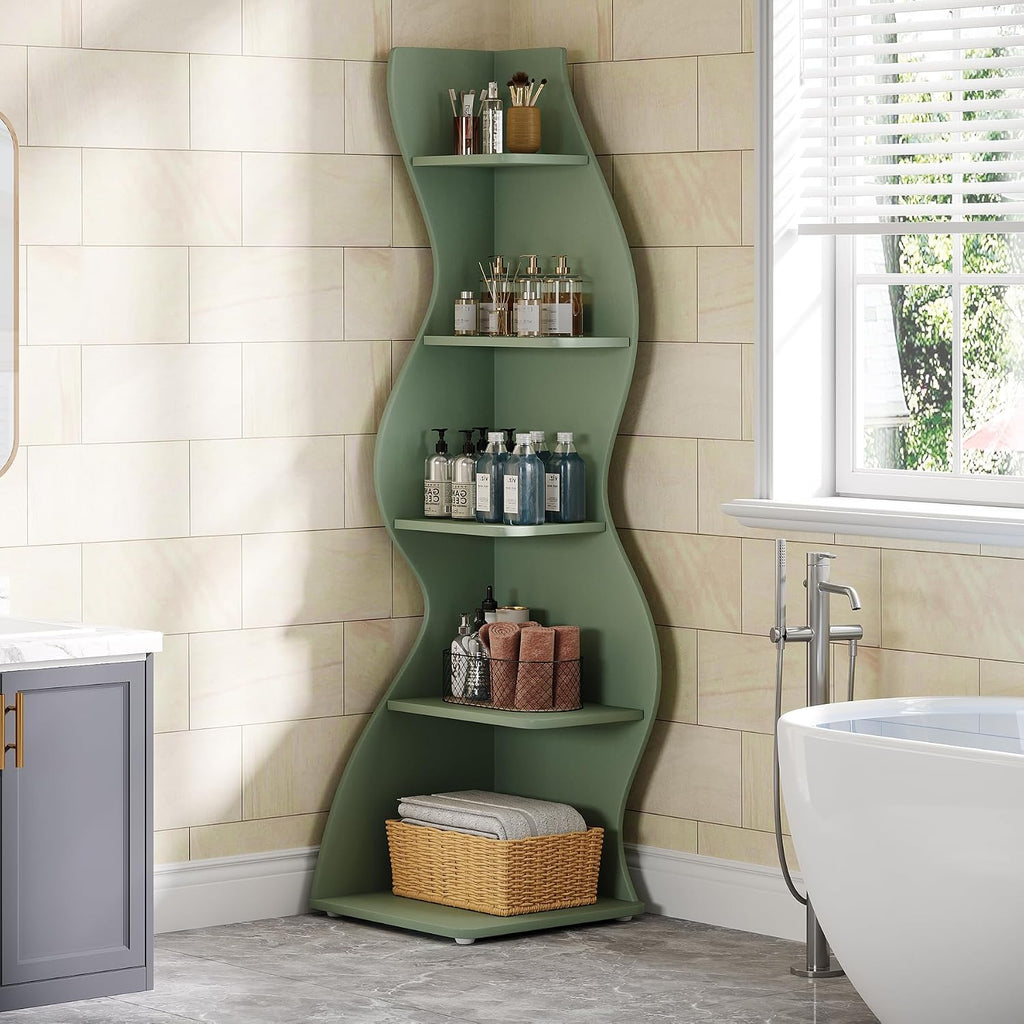 Tribesigns Wavy Corner Shelf Set of 2, Modern 5-Tier Bookshelf Etagere Bookcase with Curvy Shape, Unique Plant Stand Display Shelf for Living Room Small Space (Green)