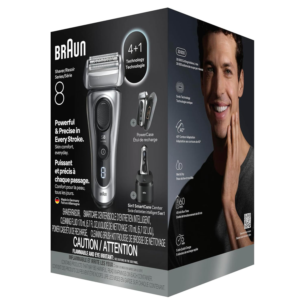 Braun Series 8 Electric Shaver, Shaving Kit with 4+1 Shaving Elements, Precision Long Hair Trimmer, SmartCare Center, PowerCase
