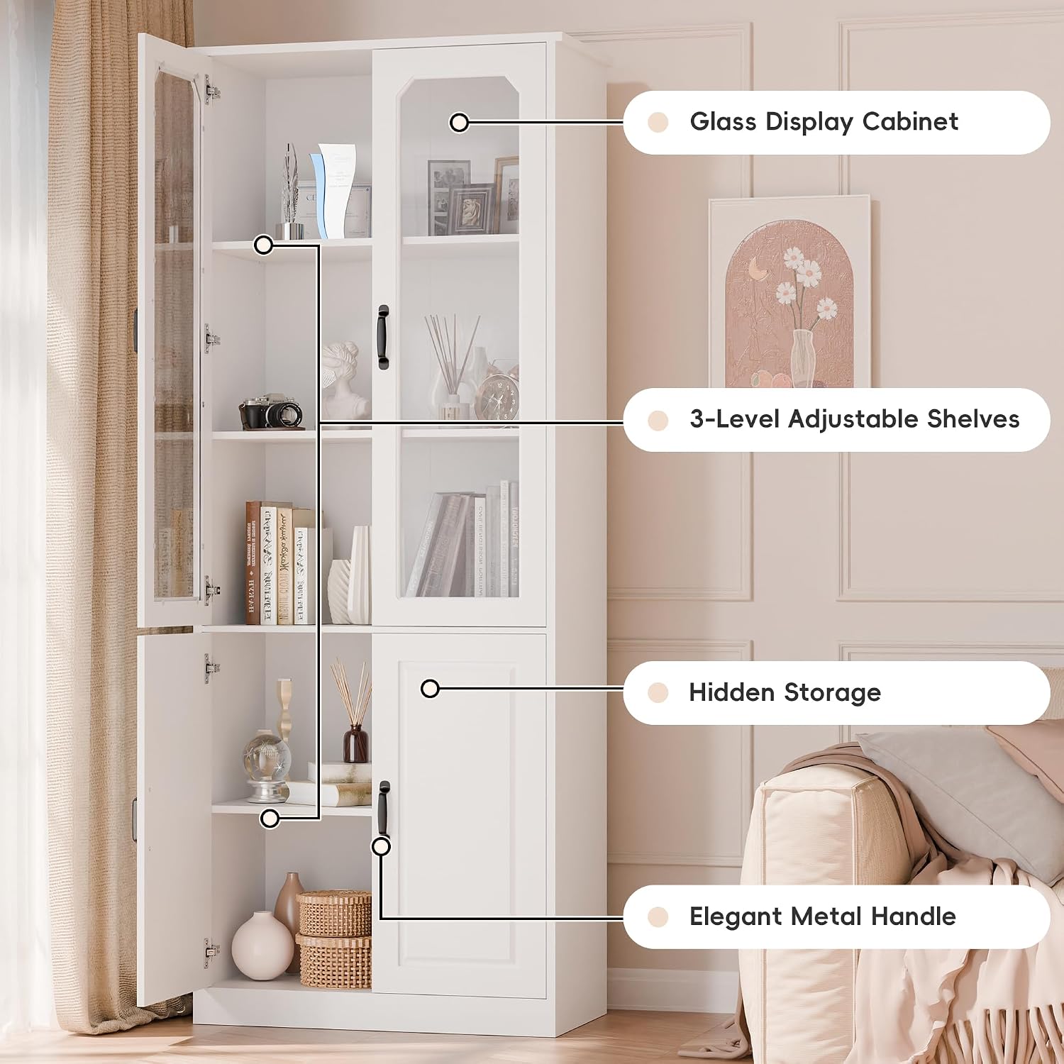 MU 78.7' Tall Kitchen Pantry with 2 Glass Doors, Freestanding China Cabinet with Adjustable Shelves, Large Kitchen Pantry Storage Cabinet Cupboard for Dining Room, Living Room, White (Large, 31.5' W)
