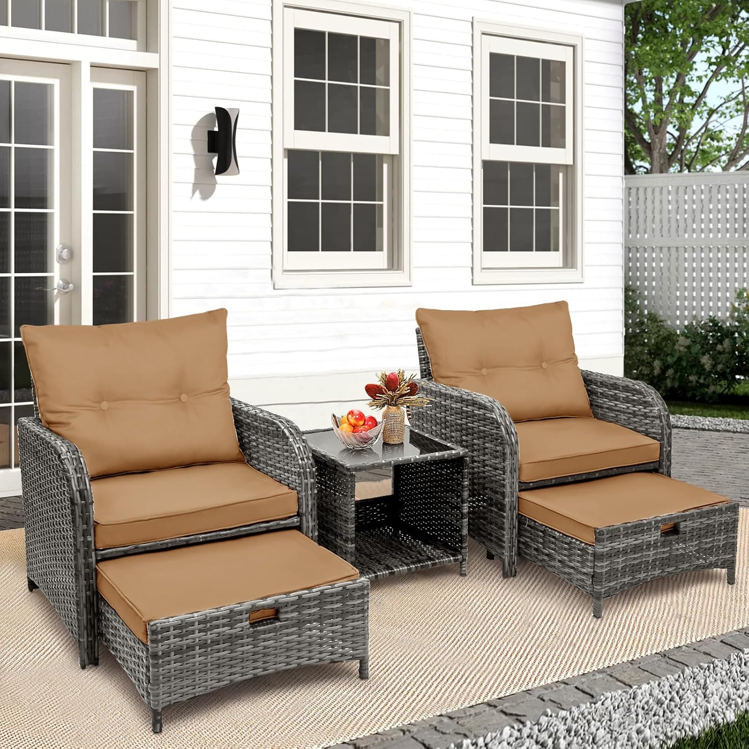 5 Pieces PE Wicker Outdoor Chairs with Ottomans, 5 PCS Rattan Patio Furniture Set with Ottoman, Patio Chairs with Ottomans for Porch Balcony Sunroom, Brown Cushion