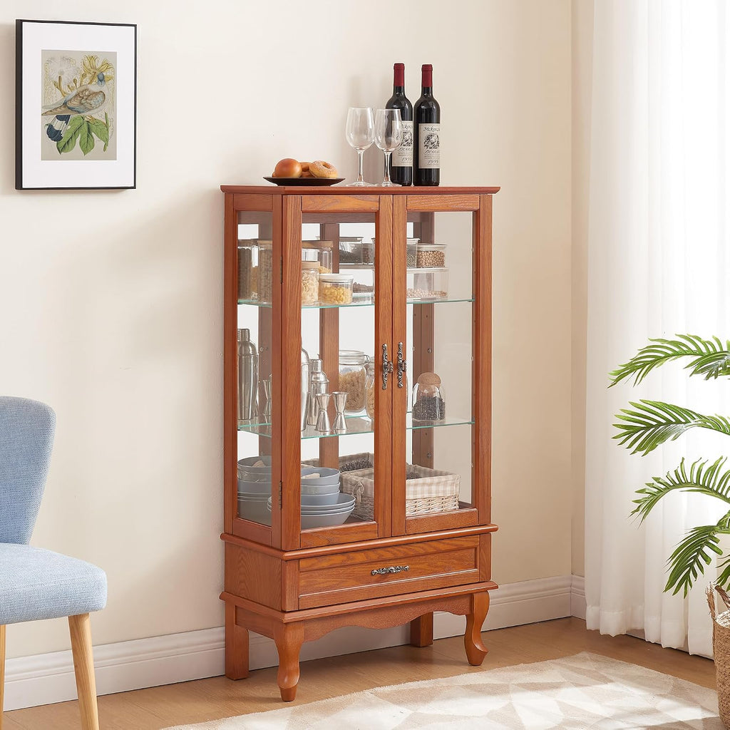 49' H Lighted Curio Display Cabinet with 2 Glass Doors & 1 Drawer, Wooden Curio Showcase w/Adjustable Shelves & Mirrored Back Panel, Wine Storage Cabinet Display Case for Living Room (Oak)