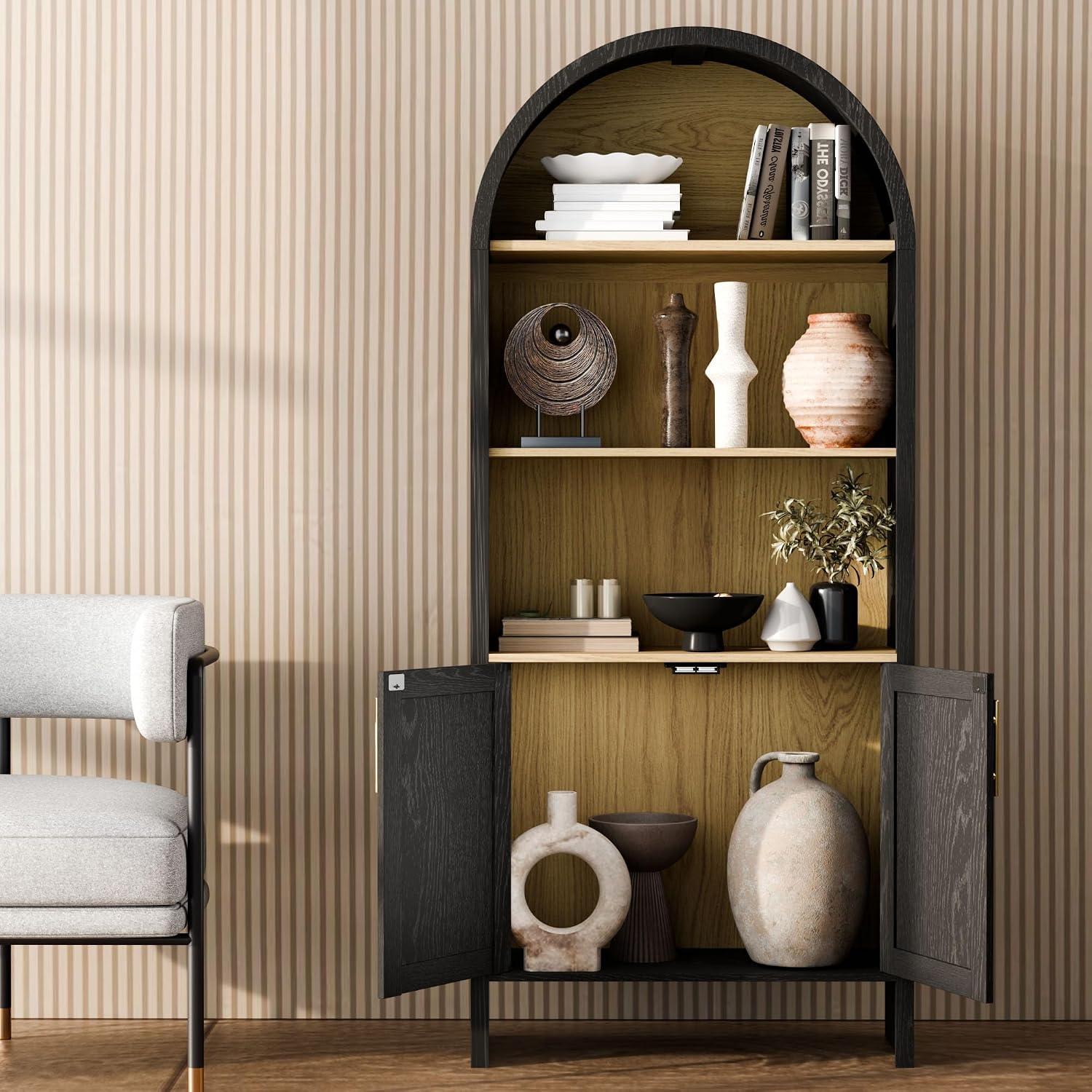 Arch Storage Cabinet with Beech-Wooden Door, 60' Cute Arched Display Cabinet, 4 Tier Farmhouse Buffet Cabinets with Storage for Dining Room, Living Room, Home Office or Kitchen (Black)