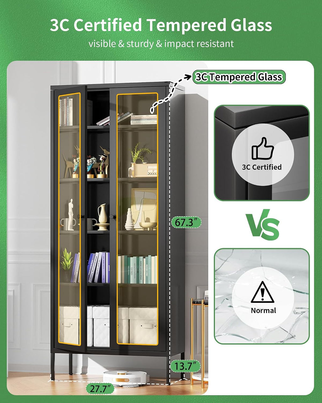 Bonusall Display Cabinet with Glass Doors,67' Metal Display Curio Cabinet with Glass Doors and 4 Adjustable Shelves for Collectibles,Home Office,Living Room,Gaming Room(Black)
