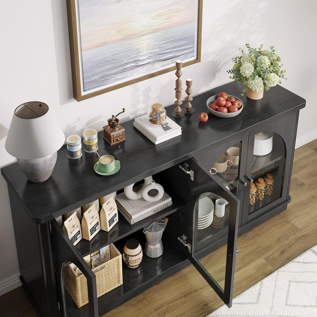 ONBRILL 63 Inch Sideboard Buffet Cabinet, Modern Arched Buffet with Glass Doors, Large Curved Cabinets with Storage, Console Credenza w/Adjustable Shelves for Living Room, Kitchen, Entryway, Black