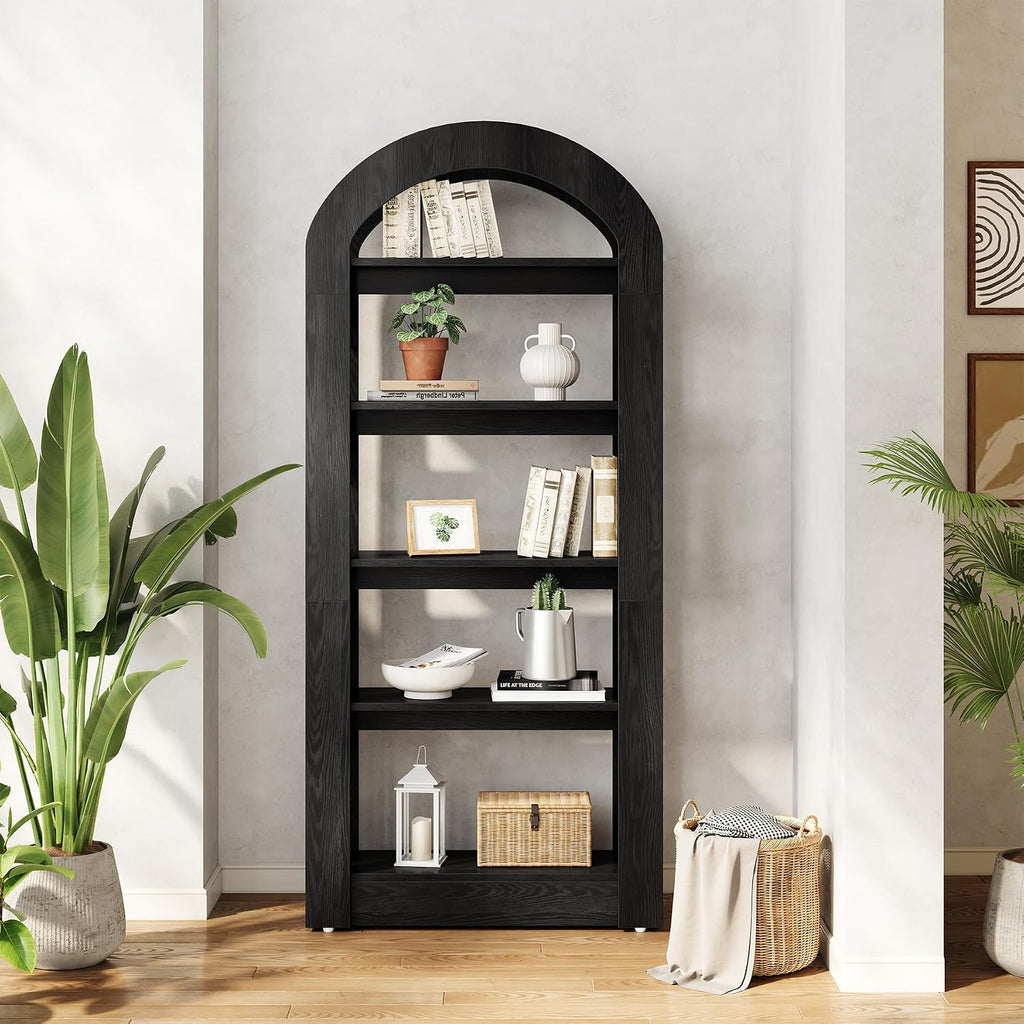 LITTLE TREE 5-Tier Bookshelf, Arch-Shaped Racks, Tall Standing Wooden Bookcase Display Shelf Modern Storage Solution (1, Black)
