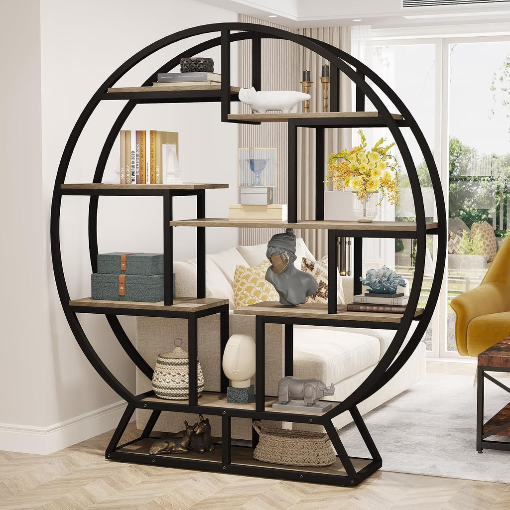 Tribesigns Bookshelf, Round Bookshelves Etagere Bookcase, 63 Inch Industrial Wood Book Shelf with Staggered Shelves, Open Shelving Organizer Rack Display Shelf for Home Office, Living Room, Grey