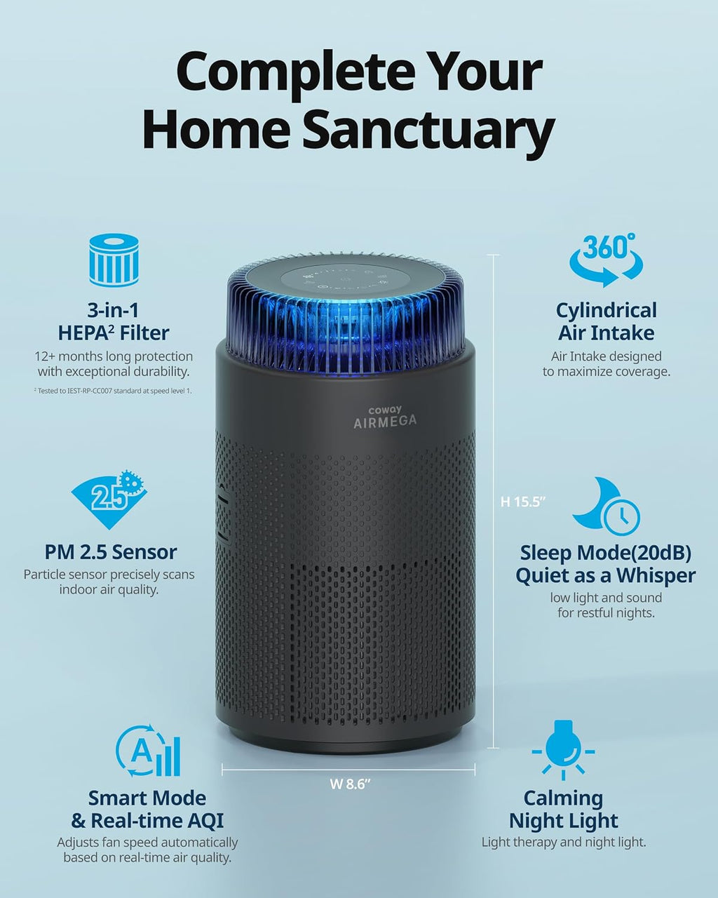 COWAY Air Purifiers for Bedroom Home up to 810 ft², HEPA Filter for Smoke, Allergies, Pet Dander, Odor, AQI Monitor, Auto&Sleep Mode, Timer, Filter Indicator, Night Light, 2yr Warranty, 100 Black