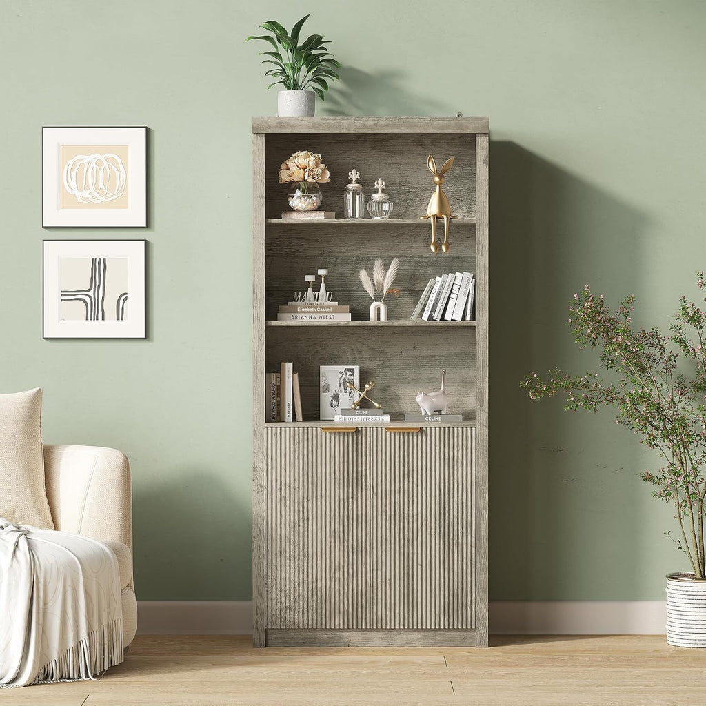 GarveeHome Tall Book Shelf and Bookcase, 31.5' Wide Wooden Bookcase with Doors, Farmhouse Book Case with Large Storage, 5-Shelf Bookcases with Adjustable top Shelve for Home Office, Living Room,Grey