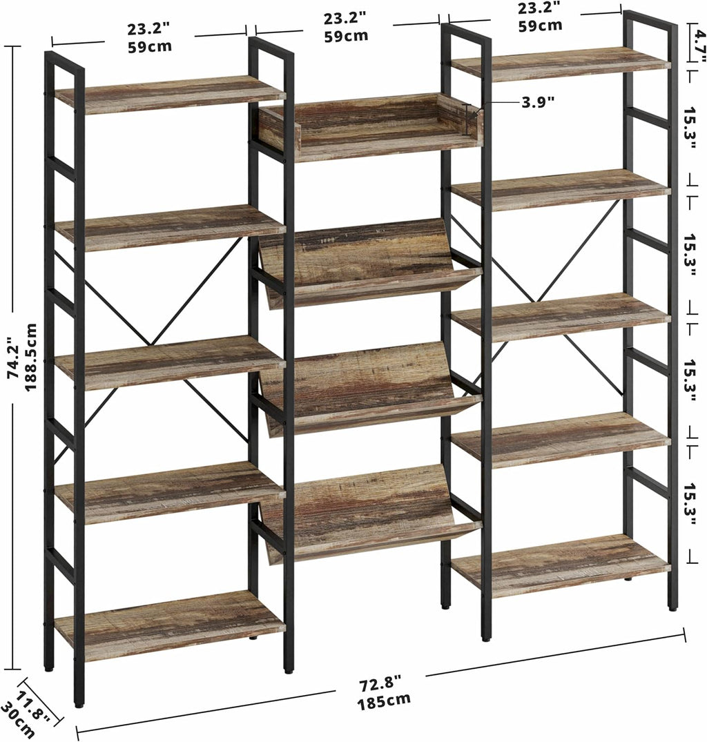 IRONCK Bookshelf, Bookshelves and Bookcases, Triple Wide 5 Tiers Book Shelf with Baffles, Industrial Bookshelf with Metal Frame for Living Room, Home Office