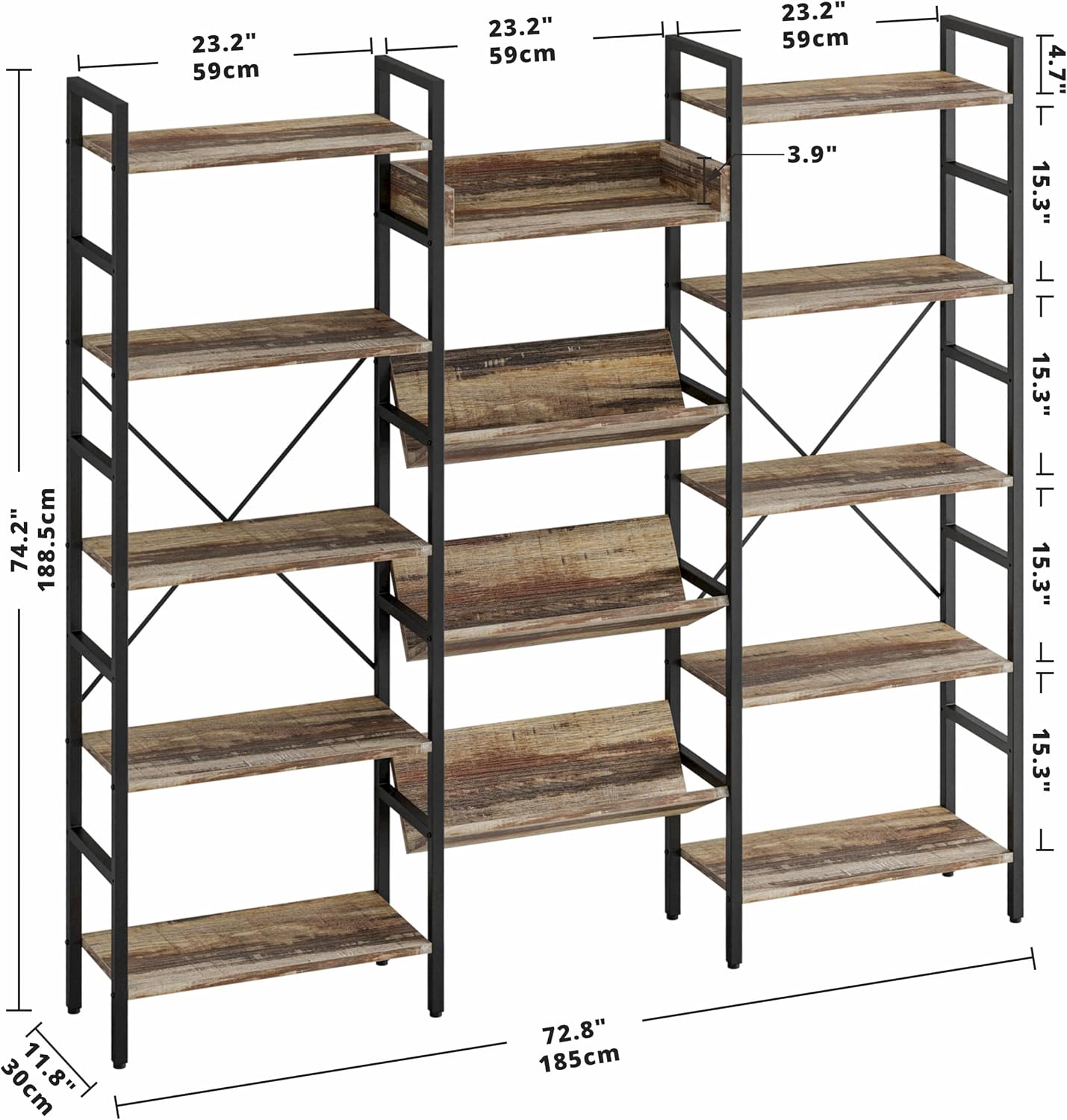 IRONCK Bookshelf, Bookshelves and Bookcases, Triple Wide 5 Tiers Book Shelf with Baffles, Industrial Bookshelf with Metal Frame for Living Room, Home Office