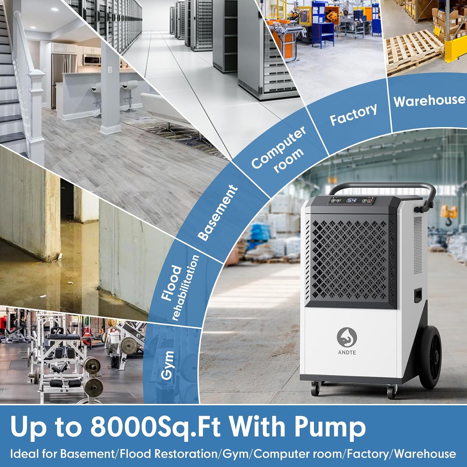 250 Pint Commercial Dehumidifier with Pump 8000sqft Industrial Basements Heavy Duty Commercial-grade Portable Dehumidifiers for Large Spaces,Warehouse Grow Room, Water Damage Restoration