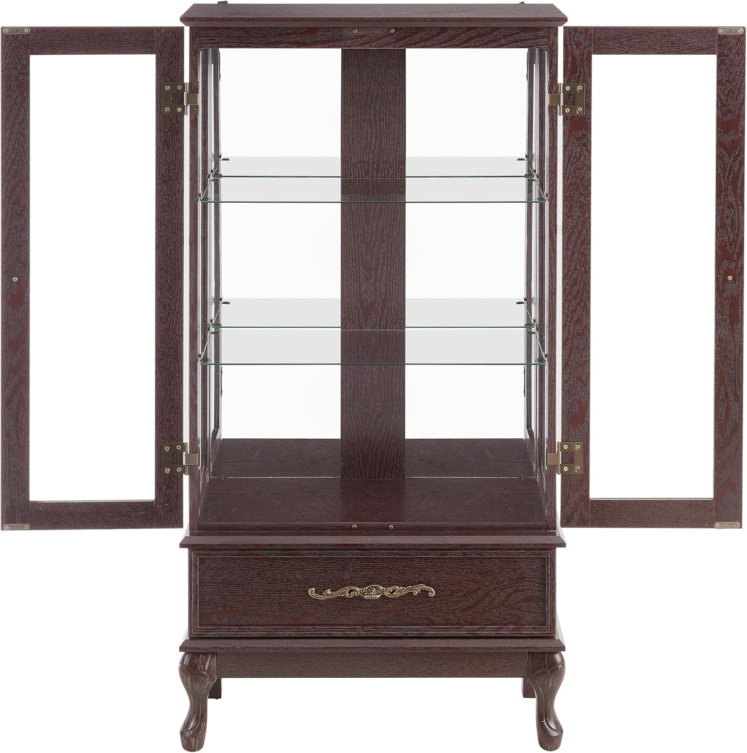 51' H Lighted Curio Cabinet Display Case, Glass Curio Cabinet with Adjustable Shelves,Tempered Glass Door and Drawer, Wooden Cabinets w/Mirrored Back Pane for Living Room (Dark Cherry)
