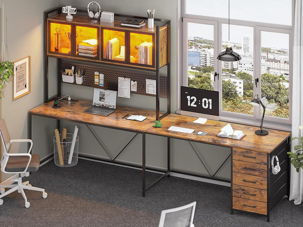 SEDETA L Shaped Gaming Desk with Drawers, L Shaped Computer Desk with Hutch and Storage Shelves, Gaming Desk with Pegboard, Led Lights, and Power Outlet, Home Office Desk, Corner Desk, Rustic Brown