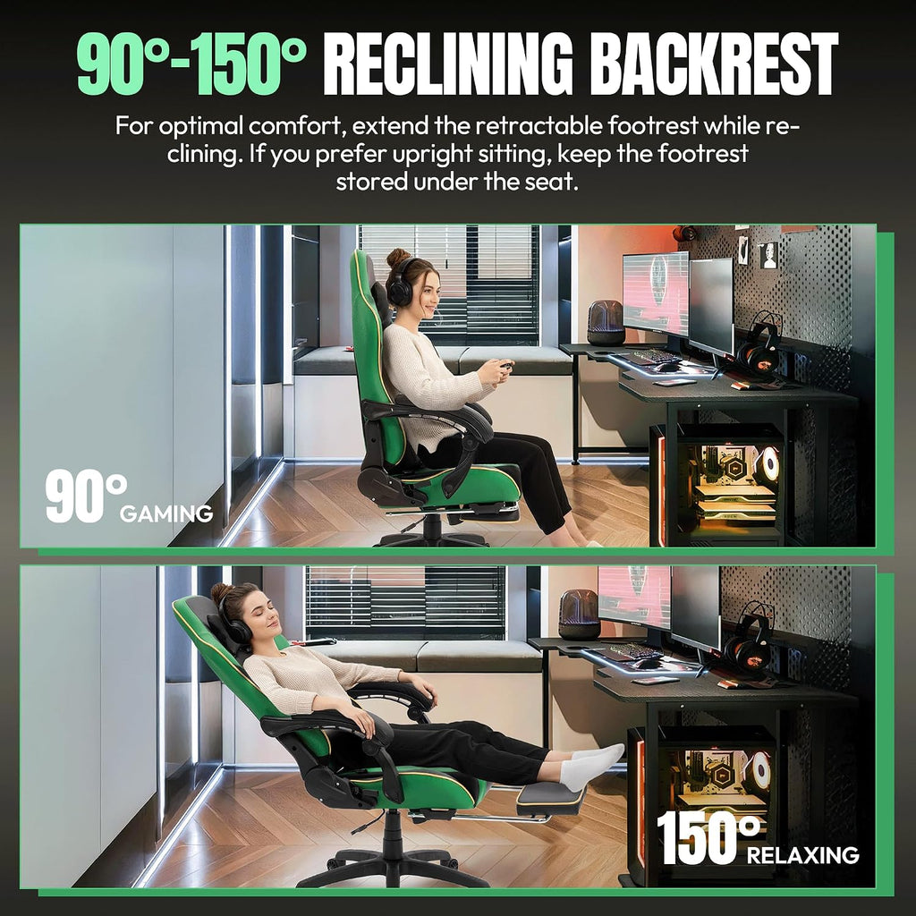 Dowinx Big and Tall Gaming Chair 350LBS, Racing Style Ergonomic Computer Chair with Side-Mounted Recline Control, Footrest & Massage Lumbar, High Back Chair with Embroidered Design for Work, Green