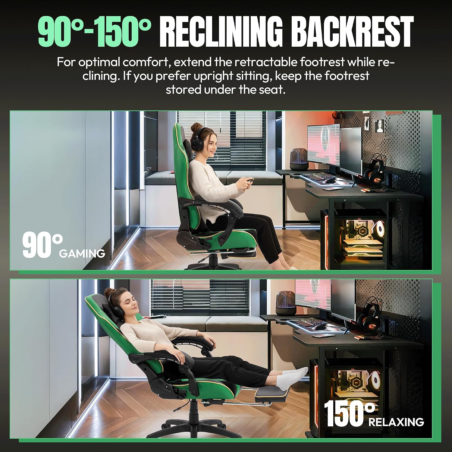 Dowinx Big and Tall Gaming Chair 350LBS, Racing Style Ergonomic Computer Chair with Side-Mounted Recline Control, Footrest & Massage Lumbar, High Back Chair with Embroidered Design for Work, Green