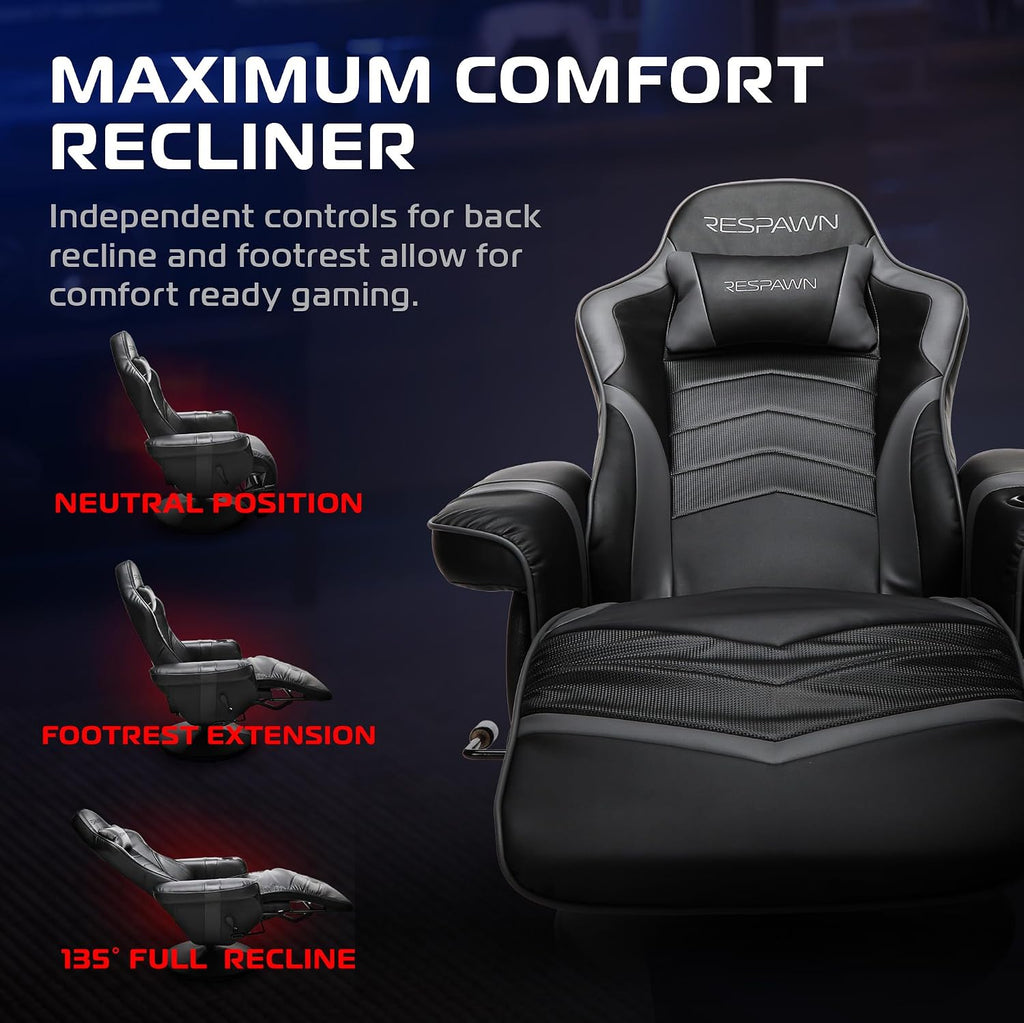 Respawn 900 Console Gaming Recliner with Footrest and Lumbar Support - Comfortable Ergonomic Gaming Chair with Headrest, No Wheels, Reclining, Heavy Duty, Racing Style Video Game Chairs - Gray