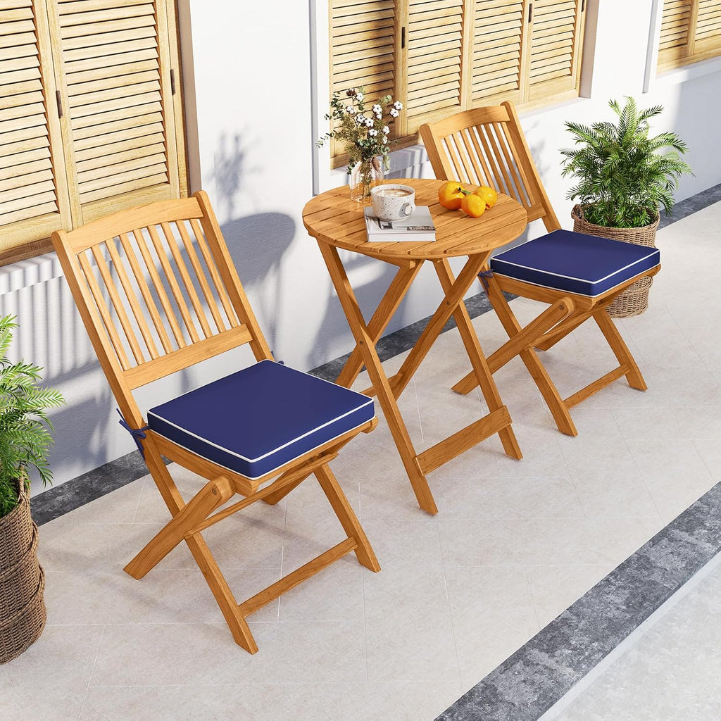 Tangkula 3 Pieces Acacia Wood Patio Folding Bistro Set, Outdoor Table and Chairs Set with Soft Cushions, Patio Furniture Set for Porch, Balcony, Garden, Deck and Backyard