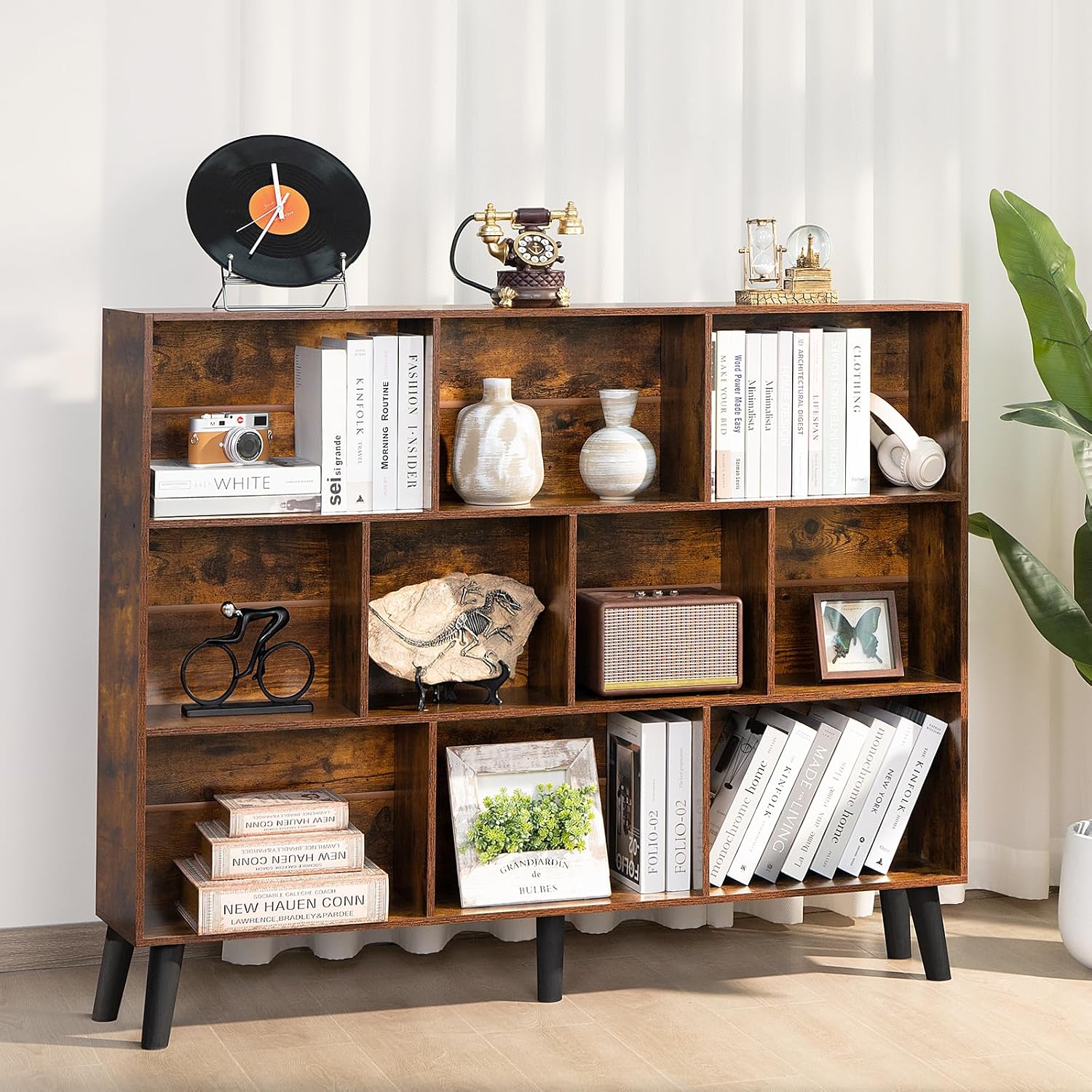 LEYAOYAO 10 Cube Bookshelf, 3 Tier Vintage 55.12' Wide Bookcase with Legs, Mid-Century Wood Bookshelves Storage, Brown Large Book Case, Freestanding Organizer Display Shelf for Living Room, Office