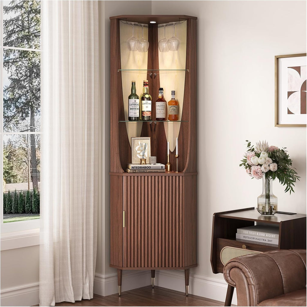 JOINICE 70' Tall Corner Cabinet,Mid Century Modern Cabinet with Doors,Fluted Corner Bar Cabinet with Glass Holder,Lights and Storage Shelves,Wine Bar Cabinet for Liquor, Living Room, Kitchen, Walnut