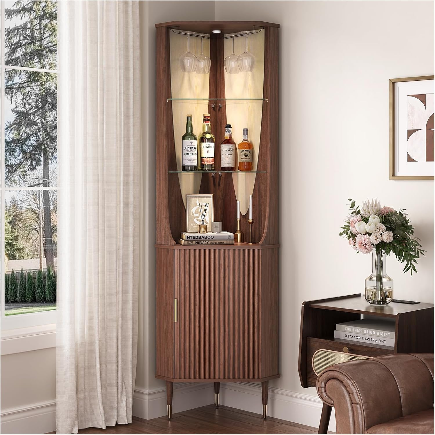 JOINICE 70' Tall Corner Cabinet,Mid Century Modern Cabinet with Doors,Fluted Corner Bar Cabinet with Glass Holder,Lights and Storage Shelves,Wine Bar Cabinet for Liquor, Living Room, Kitchen, Walnut