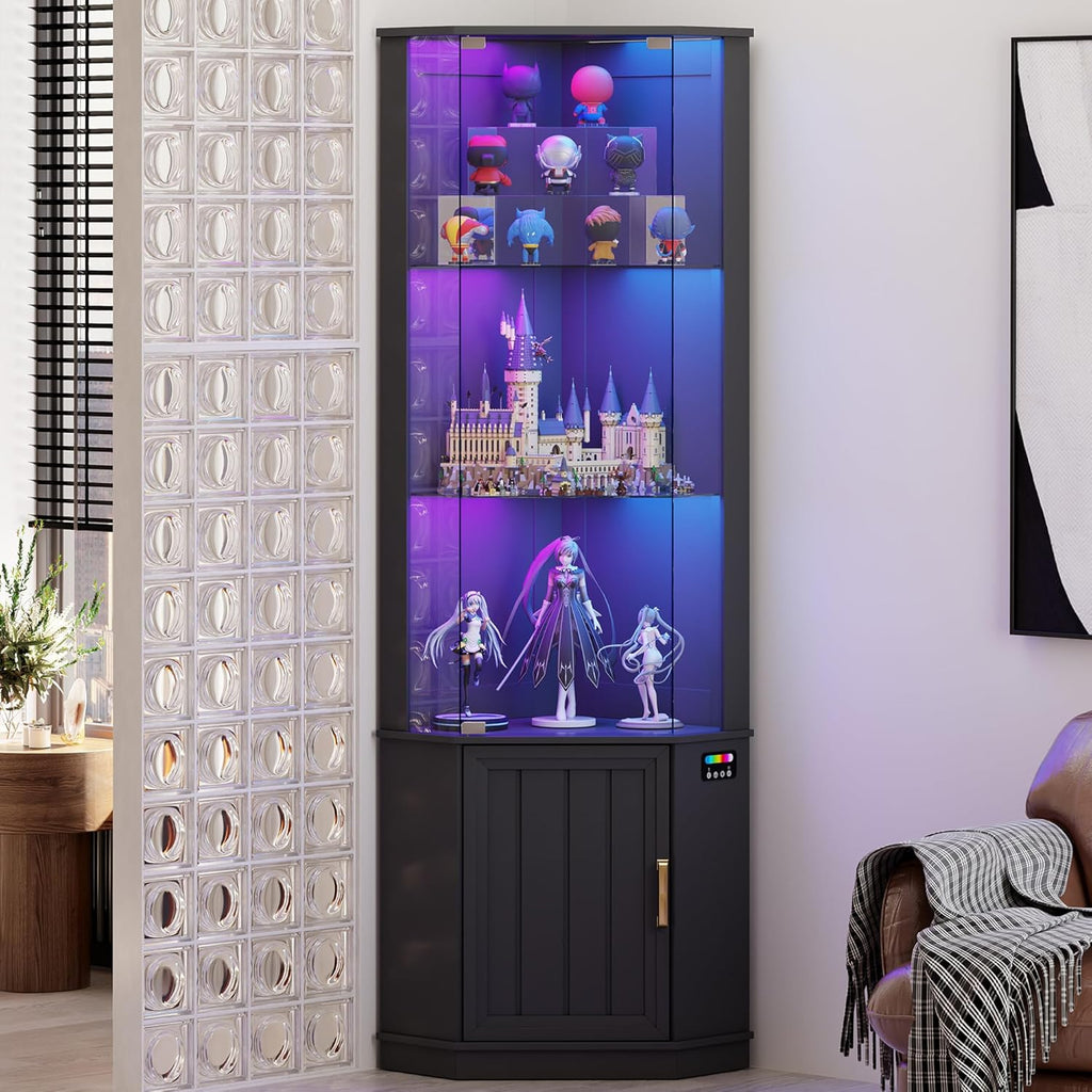 Lvifur 69' Corner Glass Display Cabinet with RGB Lights,3-Tier Movable Glass Shelves,Curio Display with Human Body Sensor,Bookcase with Storage Cabinet for Toys,Books,Collectibles,Liquor,Black