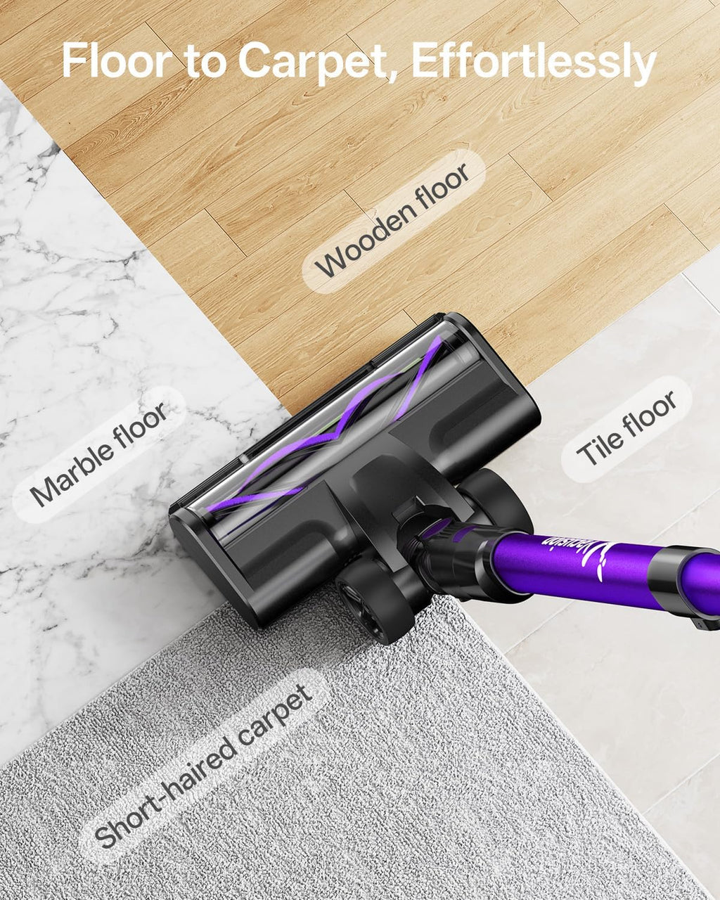 Cordless Vacuum Cleaner, 8-in-1 Cordless Stick Vacuum Cleaner with 3 Suction Modes, Up to 45mins Runtime, Rechargeable, Self-Standing, Vacuum Cleaners for Home Pet Hair Carpet Car Hard Floor, Purple