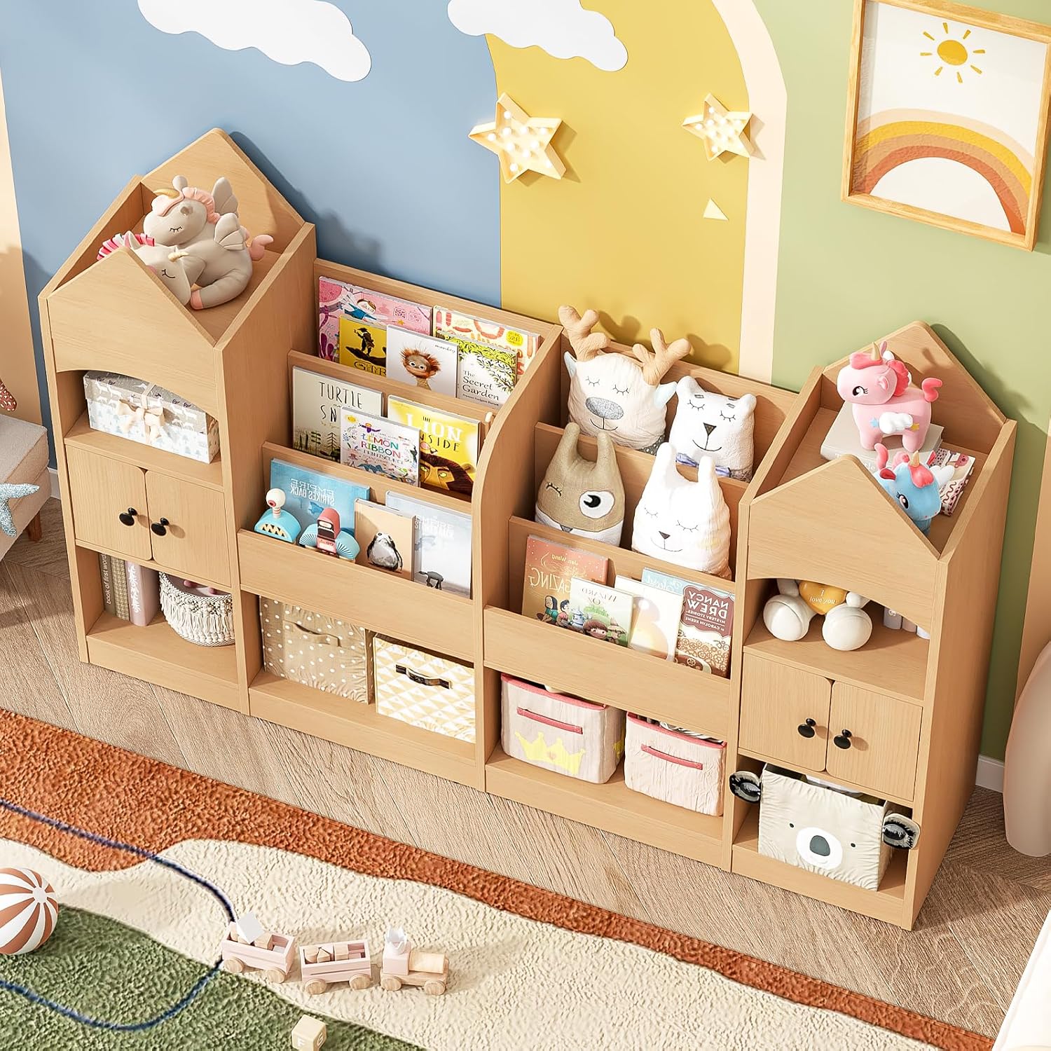 Vabches Castle Shape Children's Bookshelf, Kids Bookcase Display Case Kids Toy Storage Organizer Multifunctional Storage Cabinet Bookshelf Suitable for Playroom, Children's Room, Living Room, Oak