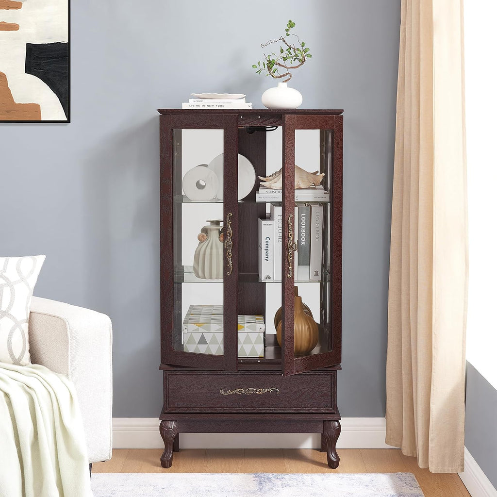51' H Lighted Curio Cabinet Display Case, Glass Curio Cabinet with Adjustable Shelves,Tempered Glass Door and Drawer, Wooden Cabinets w/Mirrored Back Pane for Living Room (Dark Cherry)