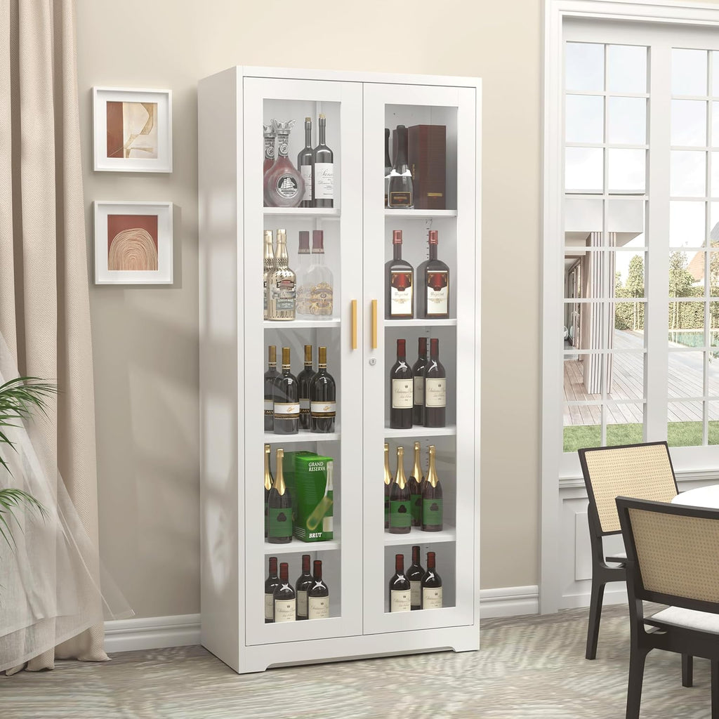 SteeLoong 71' Glass Display Cabinet with Lock,Curio Cabinet with Glass Doors, Metal Display Case with 4 Adjustable Shelves, White Bookcase Locking Storage Cabinets for,Liquor,Plant,Commercial