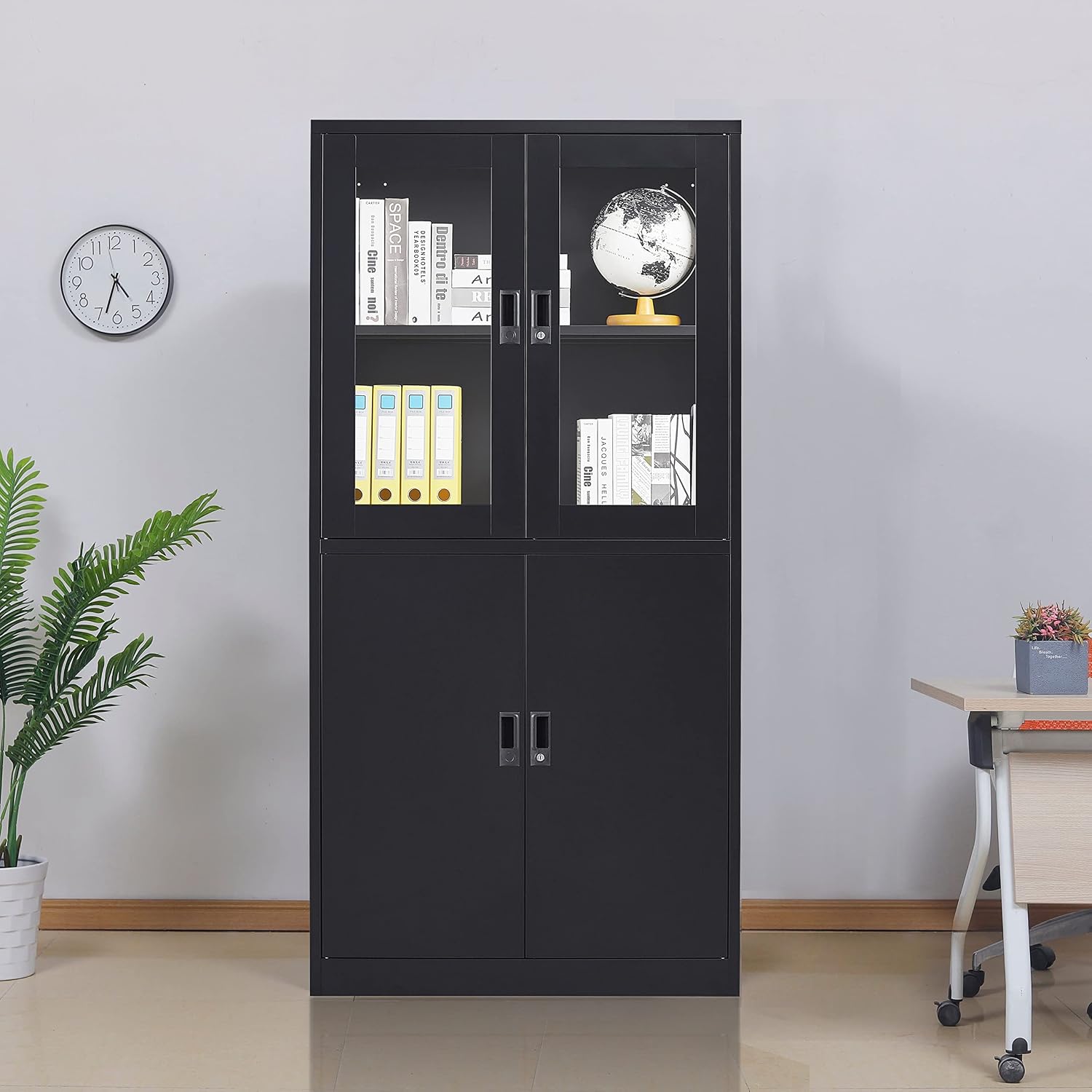 Black Metal Storage Cabinet with Glass Doors, 71' Locking Glass Door Cabinet with 2 Adjustable Shelves, Steel Storage Cabinet with 4 Doors for Home, Living Room, Bathroom