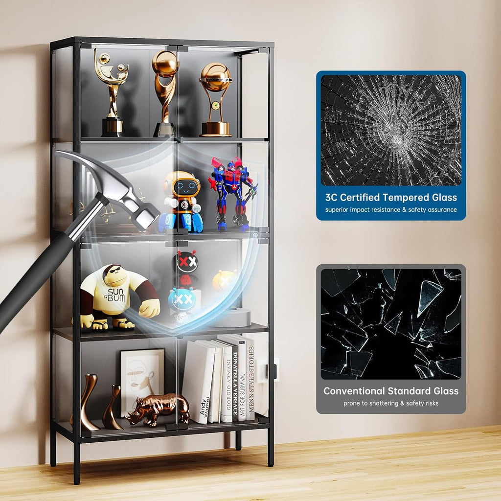 PEUKC 65' Glass Display Cabinet with 3-Color LED Light, Display Case with 4 Tempered Glass Doors and Shelves, Metal Frame Curio Storage Cabinet for Collectibles, Figures, Awards, Toy, Book (Black)